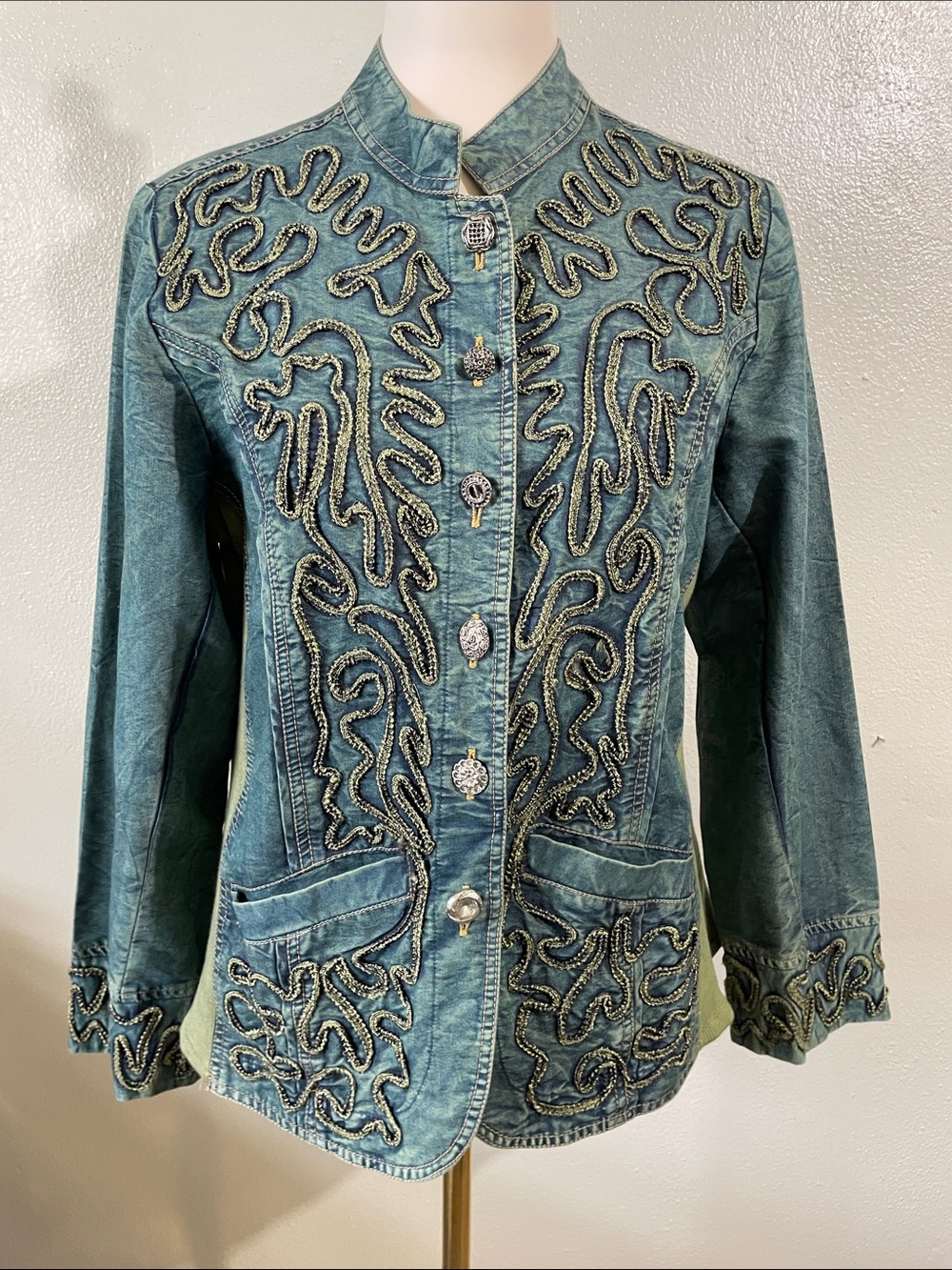 Paisley & Sage Soutache Military Embellished Jacket Blue Green Large Artwear